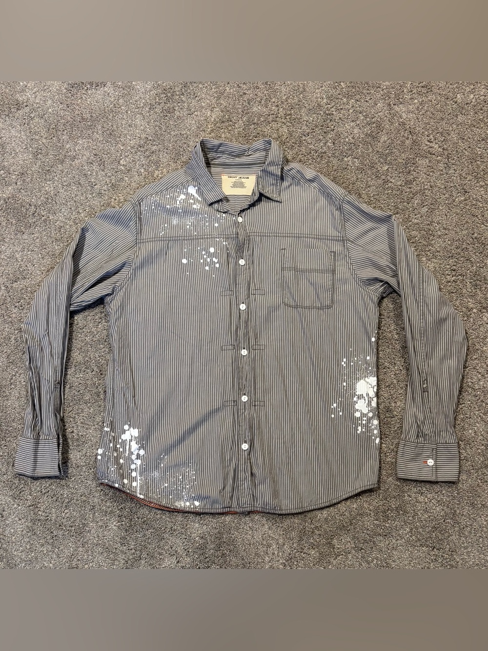 DKNY Jeans Mens Gray White Striped Cotton Paint Splatter Button-up XL Y2K Grunge
